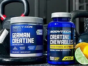 BODYTECH 100% Pure Creatine Monohydrate Powder - Micronized for Maximum Absorption - Supports Muscle Strength & Power Output - Cherry Ice (13.58 oz 55 Servings) - germam creatine and chewables