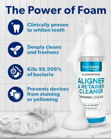 EverSmile AlignerFresh Original Clean Foam Cleaner Compatible w/Invisalign and All Clear Aligners & Retainers Eliminates Bacteria Whitens Teeth Fights Bad Breath 50ml (2 Pack) 1.69 Fl Oz 2 Pack - Power of Foam