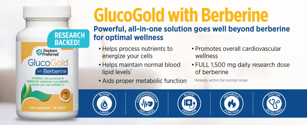 DOCTORS' PREFERRED GlucoGold with Berberine Concentrated Cinnamon Chromium Banaba Leaf Extract (90 Tablets) 90 Count (Pack of 1) - Powerful, all-in-one solution goes well beyond berberine for optimal wellness