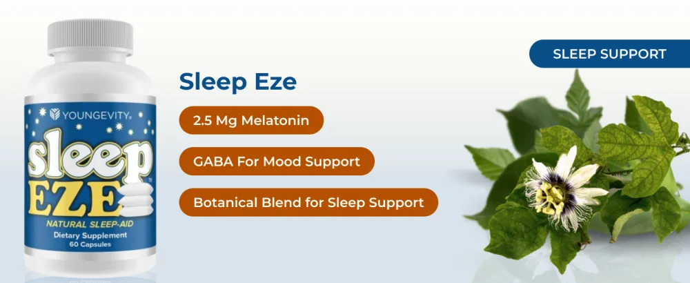 Youngevity Sleep Eze - Natural Sleep Support - Valerian Root Passion Flower 5-HTP Melatonin - Non-Habit Forming - Sleeping Support Supplement - (60 Capsules) - Sleep Eze