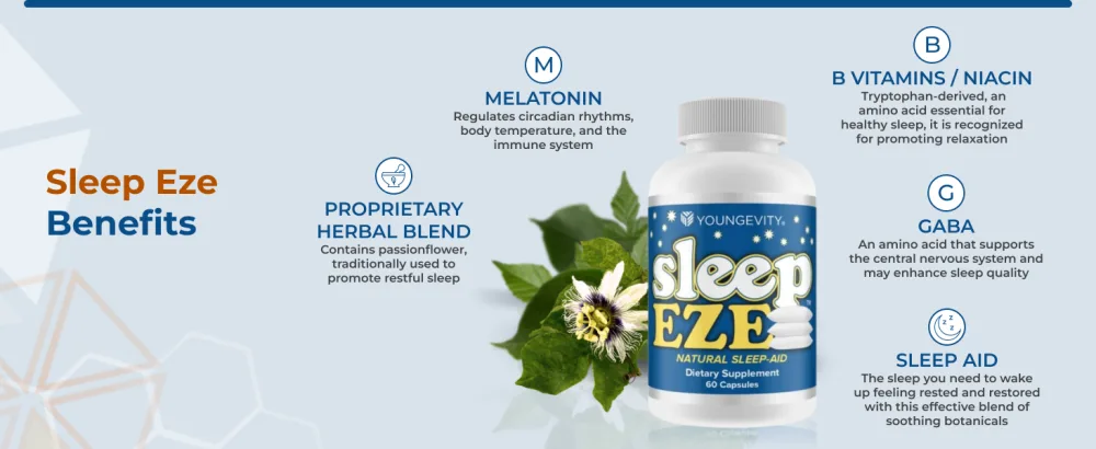 Youngevity Sleep Eze - Natural Sleep Support - Valerian Root Passion Flower 5-HTP Melatonin - Non-Habit Forming - Sleeping Support Supplement - (60 Capsules) - Sleep Eze Benefits