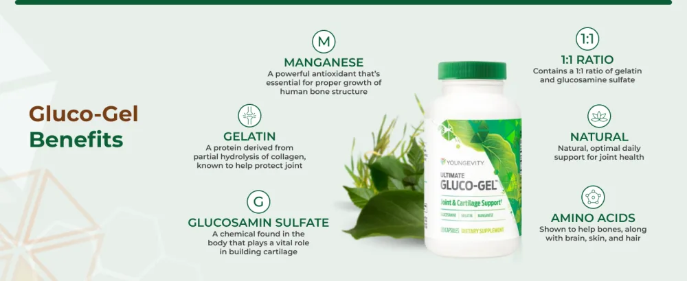 Youngevity Ultimate Gluco-Gel Bone Support Supplement with Glucosamine Sulfate and Gelatin 120 Capsules - Gluco-Gel Benefits