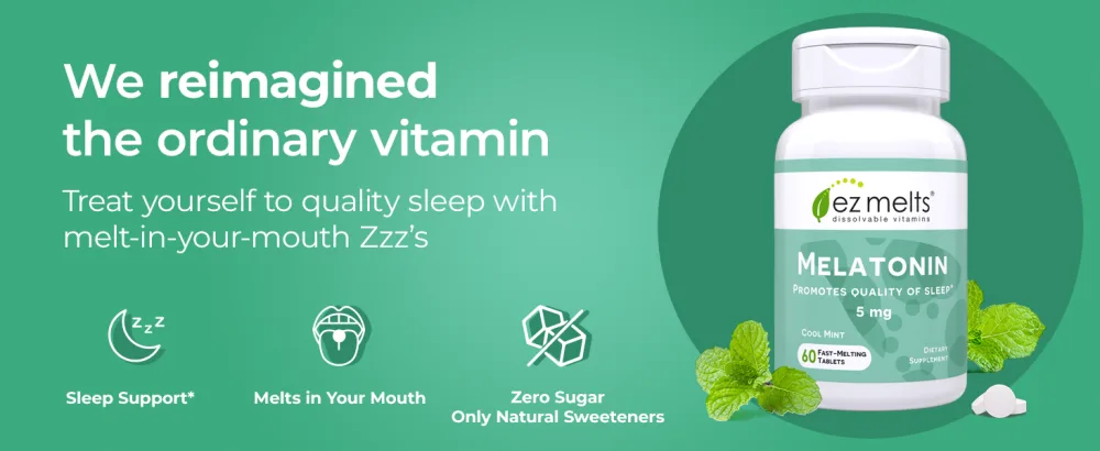 EZ Melts Melatonin - Sleep Support Supplement - No Artificial Flavors - Non-GMO & Sugar-Free - Cool Mint - 60 Dissolvable Tablets (60 Servings) Mint 60 Count (Pack of 1) - We reimagined ordinary vitamins. Treat your mind and body to melt-in-your-mouth vitamin B12.