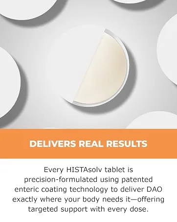 HISTAsolv Extra Strength DAO Enzyme Supplement for Histamine Food Intolerance - Eases Digestive Discomfort - Patented Tech - Made in Austria - 30 Pack 30 Count (Pack of 1) - Coated tablets