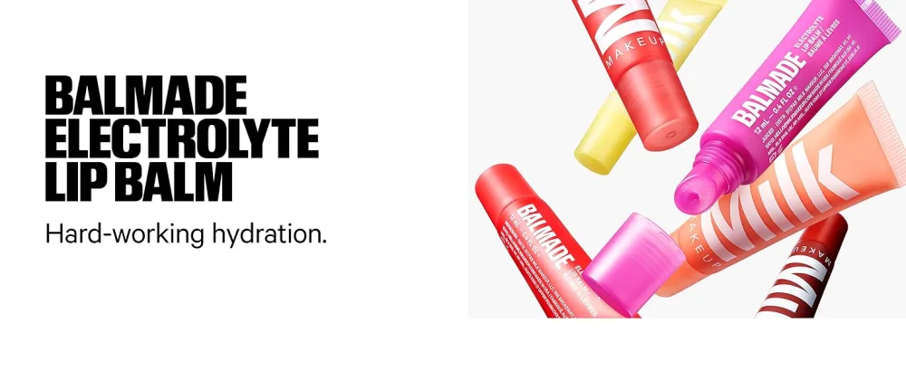 Milk Makeup 3-Pack Balmade Hydrating Lip Balm Gift Set Sheer-Tinted High Shine Glosses for Visibly Plumper Lips + Exclusive Keychain Full Size Electron (Clear) Pump (Warm Beige) + Core (Red) - Balmade Electrolyte Lip Balm
