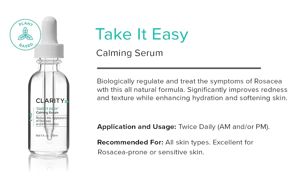 ClarityRx Take It Easy Calming Face Serum  Natural Plant-Based Anti-Redness Treatment for Sensitive Skin & Rosacea (1 fl oz) - ClarityRX, responsibly sourced, paraben-free, natural ingredients, clean skincare, healthy skincare