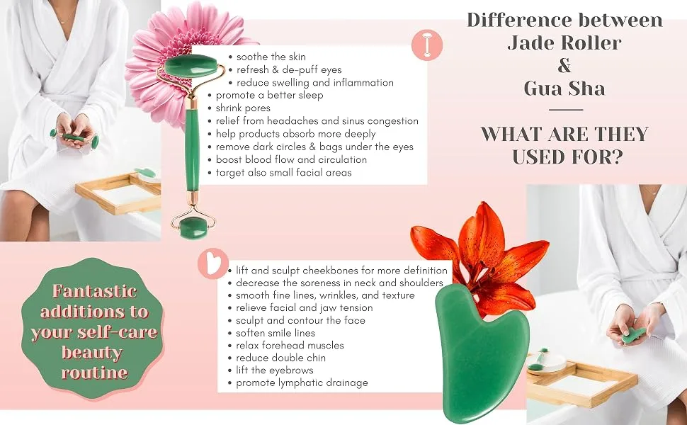 WITTY Jade Face Roller and Gua Sha Set in Hand-Drawn Giftbox - Gua Sha Stone  Face Massager Roller  Beauty Massage Face Scraper Tools - Guasha Tool for Face Roller Skin Care  Eyes  Neck - Extra Pouch Green - eye stones face tool face scraper tool beauty roller for face anti puff eye roller facial kits