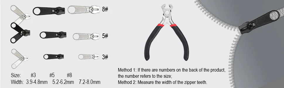 85 Pieces Zipper Repair Kit Zipper Replacement Zipper with Instruction Manual and Zipper Install Pliers Tool for Sewing Luggage Jackets Coat Jeans  Black and Silver - product information 6