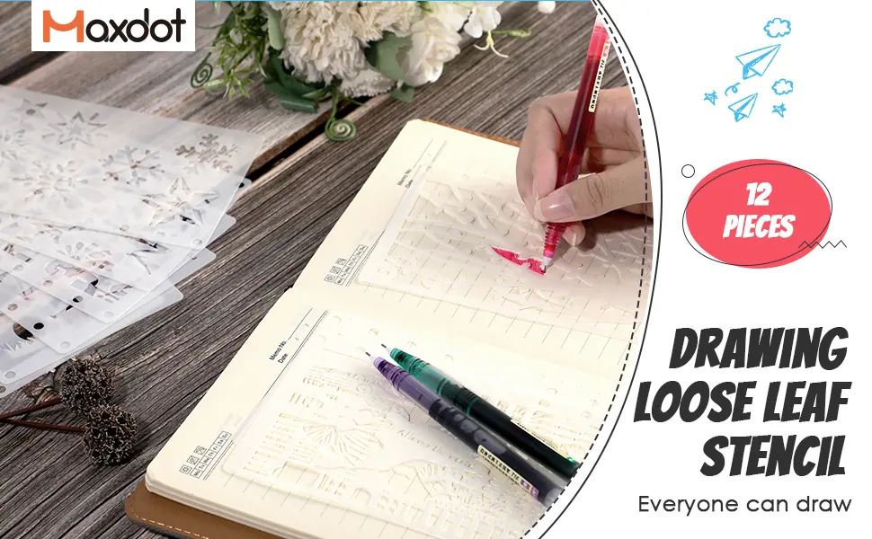 12 Pieces Drawing Loose Leaf Stencils Scale Template Sets Journal Diary Notebook 8-Ring Paper Inserts for Painting Card Craft Projects and Scrapbooking DIY Albums (Style 1) - product information 1