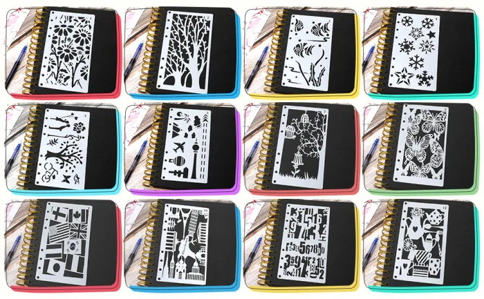 12 Pieces Drawing Loose Leaf Stencils Scale Template Sets Journal Diary Notebook 8-Ring Paper Inserts for Painting Card Craft Projects and Scrapbooking DIY Albums (Style 1) - product information 2