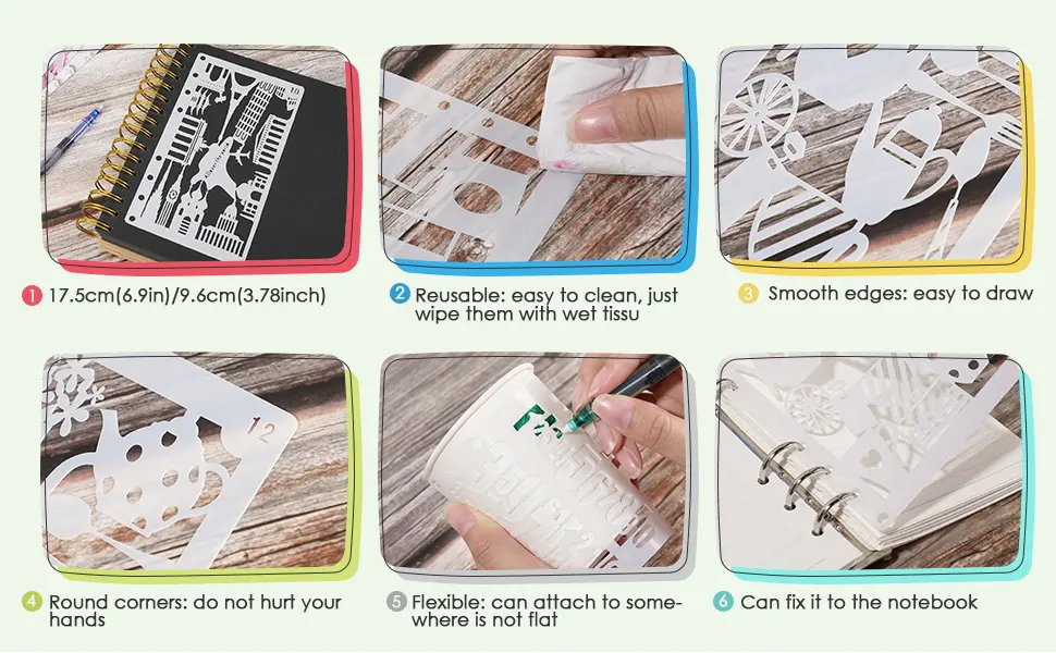 12 Pieces Drawing Loose Leaf Stencils Scale Template Sets Journal Diary Notebook 8-Ring Paper Inserts for Painting Card Craft Projects and Scrapbooking DIY Albums (Style 1) - product information 3