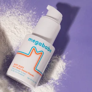Megababe Sweat Absorbing Body Powder - Bust Dust | with Applicator Pump | Talc-Free  All Natural | 3 oz - Bust dust surrounded by powder.
