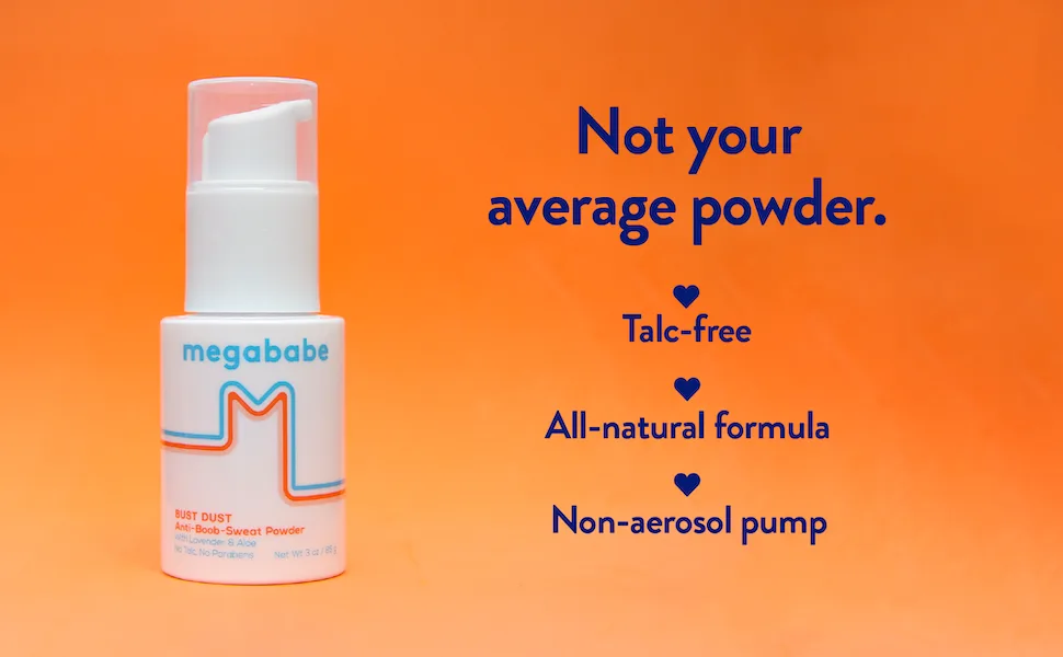 Megababe Sweat Absorbing Body Powder - Bust Dust | with Applicator Pump | Talc-Free  All Natural | 3 oz - Bust Dust with caption not your average powder.