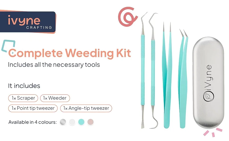 Premium Vinyl Weeding Tool Kit - Precision Stainless Steel Weeder - Hook and Pick with Fine Tweezers Crafting Set - by iVyne Light Blue - Complete weeding kit with cover