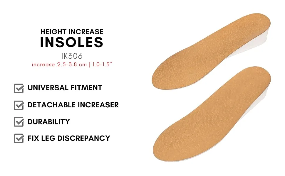 Height Increase Insole - Genuine Sheep Leather Comfort Adjustable Elevator Shoe Lift Insert - 1.5 Inches Taller - Medium (US Men Size 6   10) - IK306 - 1