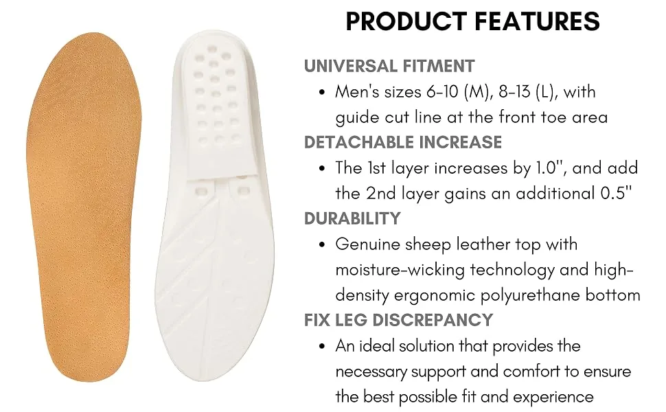 Height Increase Insole - Genuine Sheep Leather Comfort Adjustable Elevator Shoe Lift Insert - 1.5 Inches Taller - Medium (US Men Size 6   10) - IK306 - 2