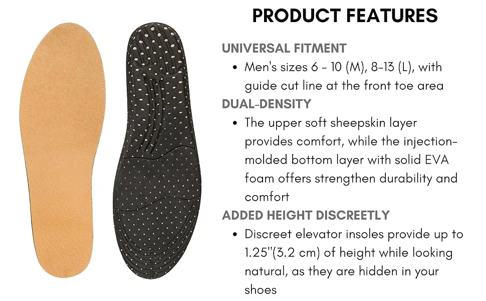 Height Increase Insole - Sheepskin Upper Comfort Elevator Shoe Insoles - 1.25 Inches Taller (Men)   Size Large (US Men Size 8 - 13) - IK303 - 2