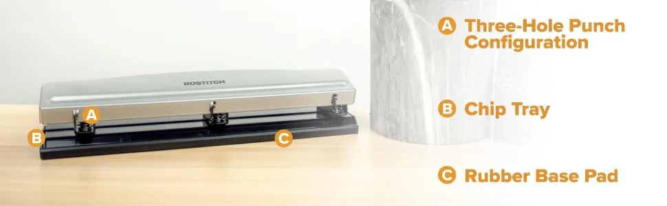 Bostitch Office 3 Hole Punch  Durable Metal Rubber Base  12 Sheets  Black - 3 Hole Punch