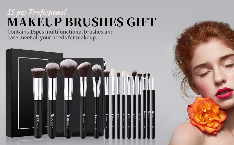 DUcare Travel Makeup Brushes set 15Pcs Makeup Brush Set with Bag Kabuki Foundation Blending Blush Eyeliner Shadow Brow Concealer Brushes Kit Black blackwithbag - DUcare Makeup Brush Set