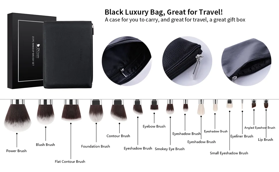 DUcare Travel Makeup Brushes set 15Pcs Makeup Brush Set with Bag Kabuki Foundation Blending Blush Eyeliner Shadow Brow Concealer Brushes Kit Black blackwithbag - DUcare Makeup Brush Set