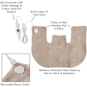 Electric Neck and Shoulder Warmer - Heating Pad with 3 Settings  Auto Shut-Off  Front Clasp  and Long Detachable Cord by Bluestone (Tan) Neck/Shoulder - 3 HEAT SETTINGS