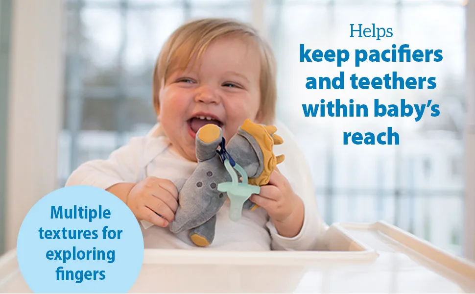 Dr. Brown's Baby Lovey Pacifier & Teether Holder  Triceratops with Grey HappyPaci  100% Silicone  0-12m - Helps keep pacifier & teethers in baby
