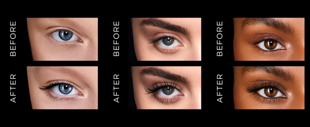 Hourglass Caution Extreme Lash Mascara. Volumizing and Lengthening Mascara for Dramatic Lashes. Cruelty-Free and Vegan - BEFORE AND AFTER