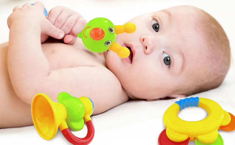9pcs Baby First Rattle Teether Toy Gift Set with Storage Box for Infant Newborn Baby Boy 0 3 6 9 12 18Month Blue - baby rattle and teether