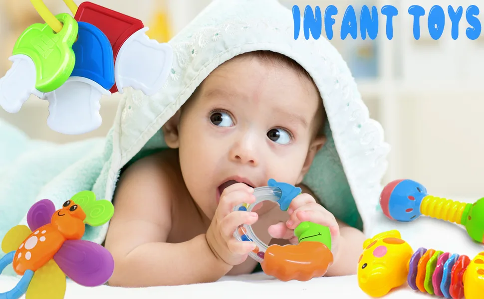 9pcs Baby First Rattle Teether Toy Gift Set with Storage Box for Infant Newborn Baby Boy 0 3 6 9 12 18Month Blue - infant toys 0-3 months