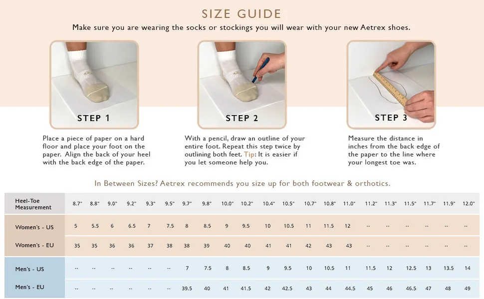 Aetrex Marcy Adjustable Quarter Strap Arch Support Sandal - Size Chart, Size Guide