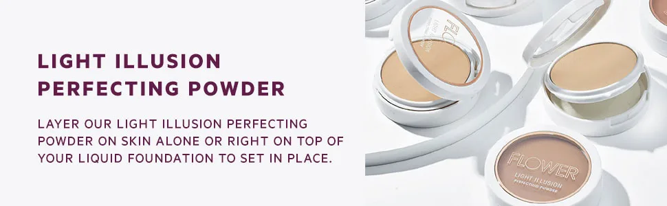 Flower Beauty Light Illusion Perfecting Powder - Pressed Powder Face Makeup  Buildable Medium Coverage with Blurring Pigments  Includes Mirror & Sponge (Beige) - Flower Beauty Light Illusion Perfecting Powder