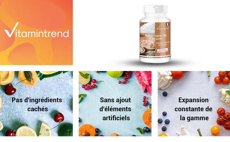 Ascorbate de Calcium 180 comprim s ! POUR 6 MOIS ! Vitamine C 300mg tamponn e V gan Flacon avantageux | Vitamintrend - product information 1
