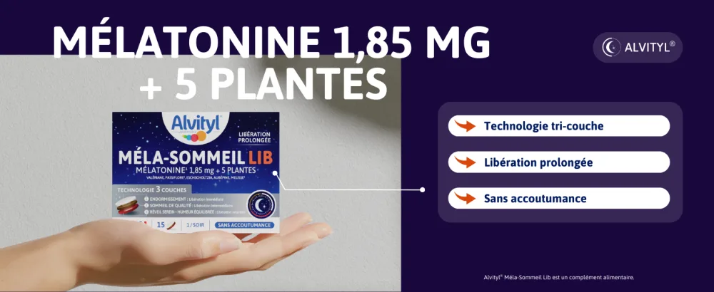 Alvityl M la-Sommeil LIB - M latonine + 5 Plantes - Comprim Tricouche Lib ration Prolong e - Nuit r paratrice - 15 Comprim s Tri-couches - product information 2