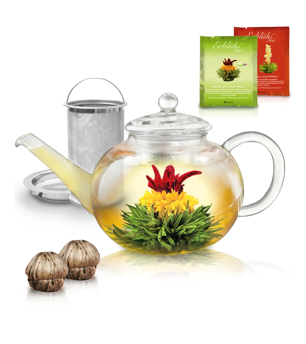 Creano Coffret d'Or Fleurs de Th Mix 6 pcs + 1 Teelini Bonus (Portion de Tasse) Th i re en Verre 500ml sans goutte Th Blanc Vert & Noir Id e Cadeau Chic - product information 11