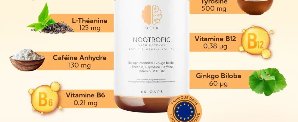 Nootropic Formule Avanc e pour le Soutien Cognitif avec Bacopa Ginkgo Tyrosine Th anine Caf ine B6 & B12 - product information 9