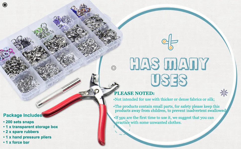 CHEPULA Craftsmanship DIY 200 Sets Metal Snaps Buttons with Fastener Pliers Press Tool Kit for Sewing and Crafting (10 Colors 9.5mm) (Hollow) - product information 9