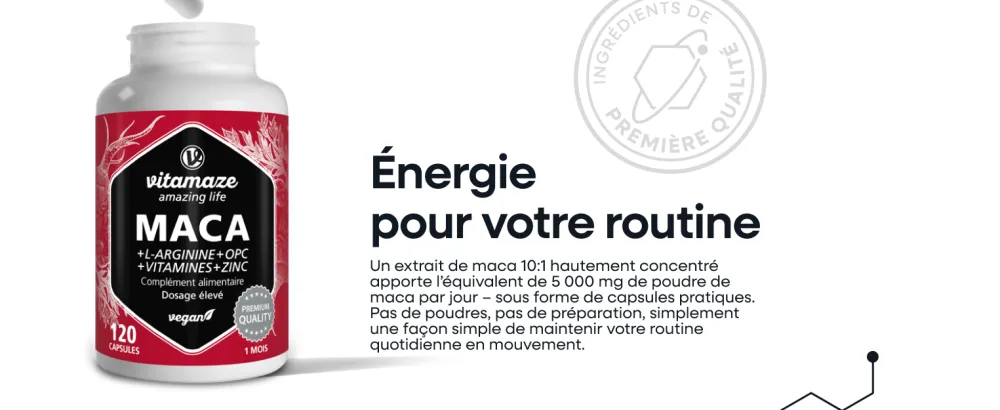 Maca Complex 5000mg - nergie Booster Circulation Endurance avec L-Arginine + Vitamines B6 B12 + OPC + Zinc -120 Vegan Capsules - product information 4