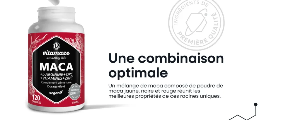 Maca Complex 5000mg - nergie Booster Circulation Endurance avec L-Arginine + Vitamines B6 B12 + OPC + Zinc -120 Vegan Capsules - product information 5