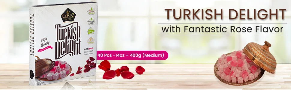 Cerez Pazari Turkish Delight Vegan Soft Candy Dessert Glucose Free -Loukoumi- with Rose Flavor - 454g - banner