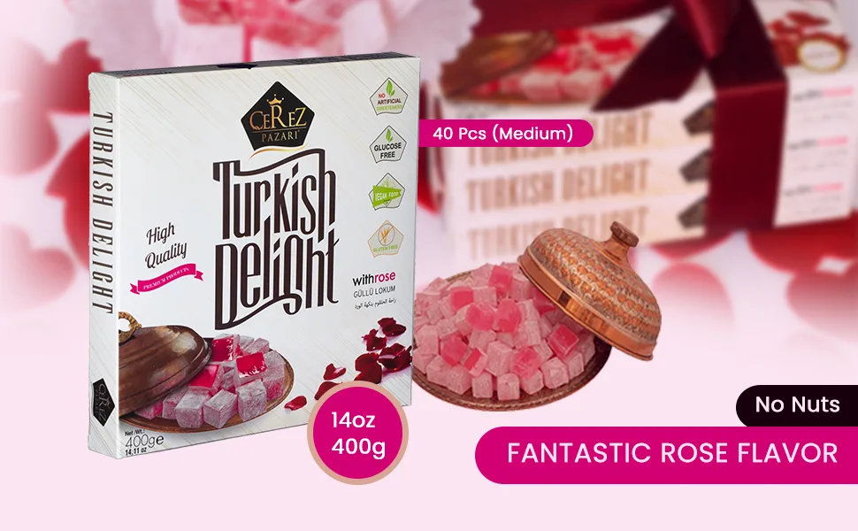 Cerez Pazari Turkish Delight Vegan Soft Candy Dessert Glucose Free -Loukoumi- with Rose Flavor - 454g - bottom