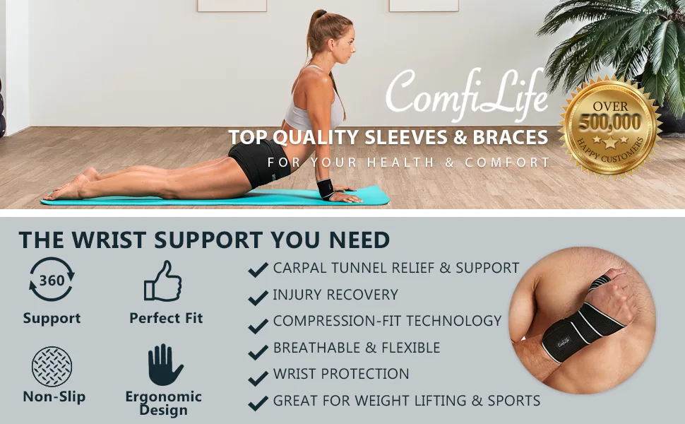 ComfiLife Wrist Brace   Adjustable Compression Wrist Support Wrap   Carpal Tunnel Wrist Brace   Wrist Wraps for Minor Sprains  Workout  Weightlifting  Sleeping  Tendonitis  Arthritis   Fits Both Hands - wrist brace