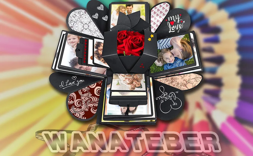 Wanateber Explosion Box DIY Gift - Love Memory  Scrapbook  Photo Box for Birthday Gift  Anniversary Wedding or Valentine's Day Surprise Box (Black) - photo explosion box