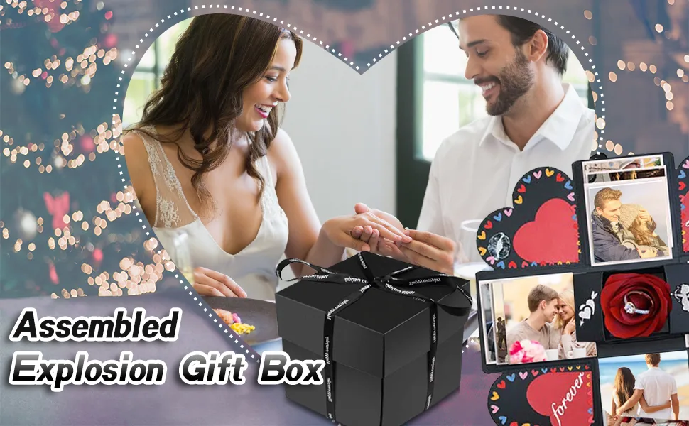 Wanateber Explosion Box DIY Gift - Love Memory  Scrapbook  Photo Box for Birthday Gift  Anniversary Wedding or Valentine's Day Surprise Box (Black) - photo explosion box
