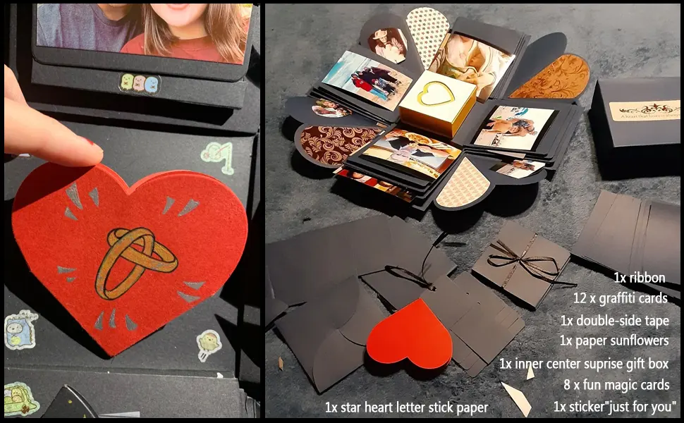 Wanateber Explosion Box DIY Gift - Love Memory  Scrapbook  Photo Box for Birthday Gift  Anniversary Wedding or Valentine's Day Surprise Box (Black) - photo explosion box