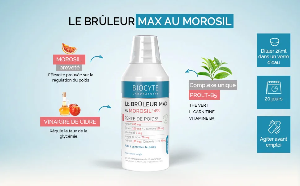 BIOCYTE Morosil Format Liquide Go t Cerise - Morosil 400mg Vinaigre De Cidre Vitamine B5 & Th Vert - Programme 20 Jours - product information 3