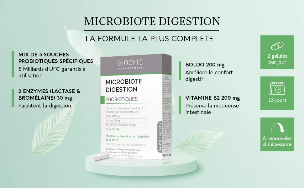 BIOCYTE Microbiote Digestion - Probiotiques Flore Intestinale - 5 Souches Probiotiques Boldo Vitamine B2 Lactase & Bromelaine - Programme 15 Jours - product information 2