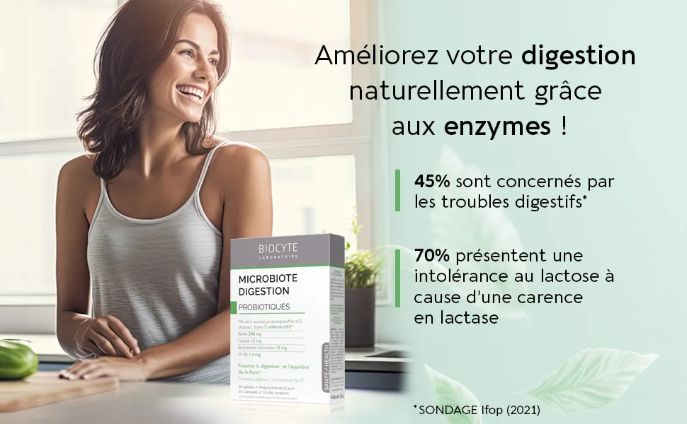 BIOCYTE Microbiote Digestion - Probiotiques Flore Intestinale - 5 Souches Probiotiques Boldo Vitamine B2 Lactase & Bromelaine - Programme 15 Jours - product information 3