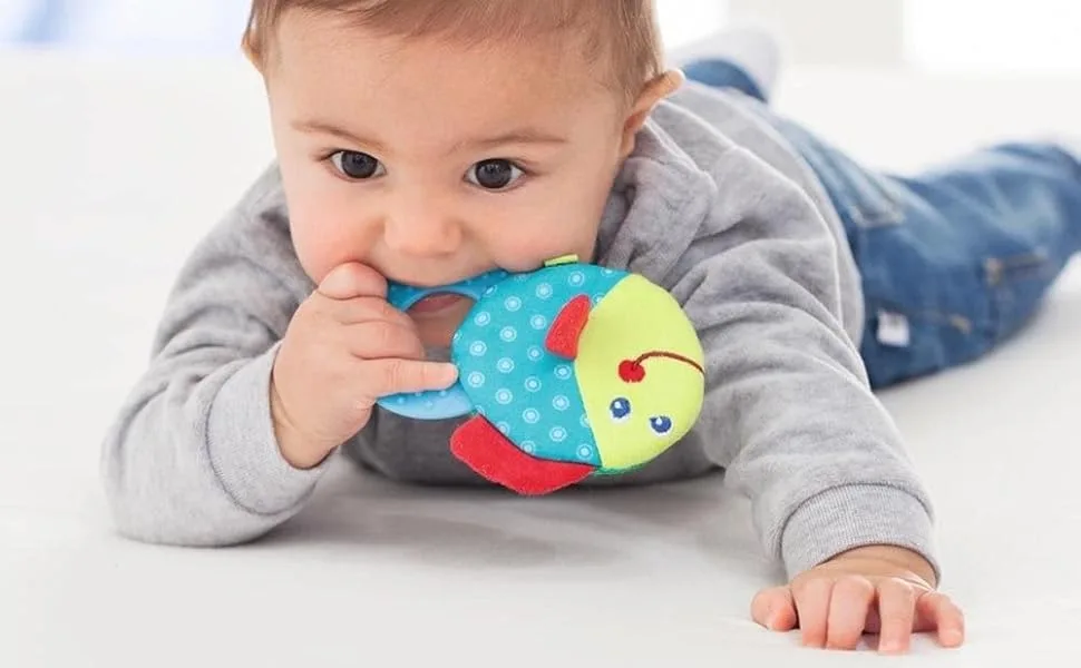 HABA Teether Chomp Champ Fish Teether - Soft Activity Toy with Crackling Foil & Plastic Teething Ring for Birth and Up - baby