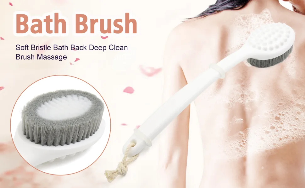 uxcell Gray Brush Bristles Exfoliating Massager with Long Wooden Handle for Dry Brushing and Shower - product information 1