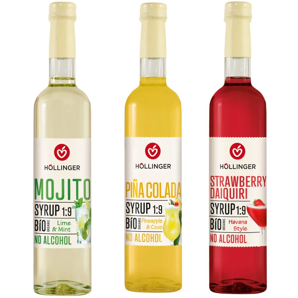 H LLINGER Sirop Classic Cocktail Bio sans Alcool 3 Saveurs (Mojito Pi a Colada Strawberry Daiquiri) 3x500ml Concentr 1:9 - product information 3